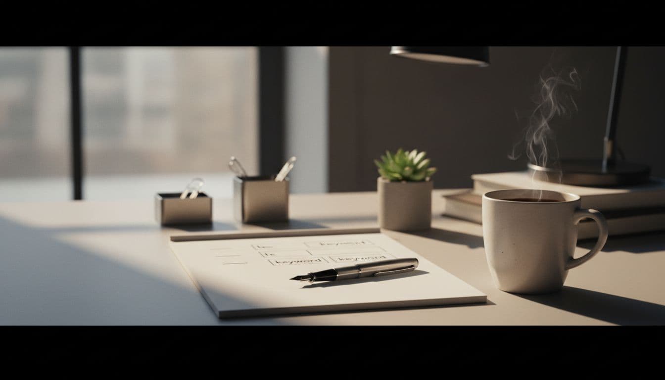 Clean desk setup featuring a notepad with symbolic URL elements like hyphens, lowercase, and keywords, one pen, one coffee mug, illuminated by soft morning light through a window in cinematic style with strong contrast, depth, and dramatic lighting, focusing on organized items representing structured URLs.