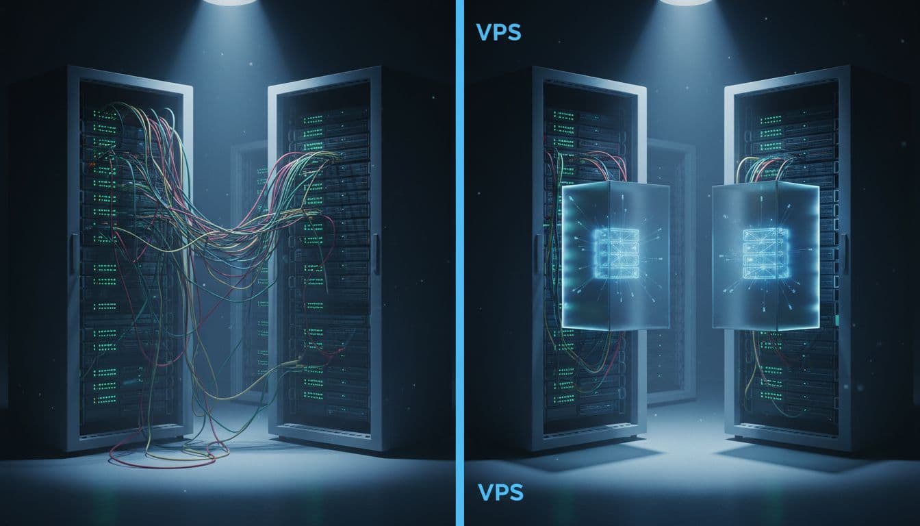 Split view of crowded shared hosting server rack on left and isolated VPS servers on right in data center.
