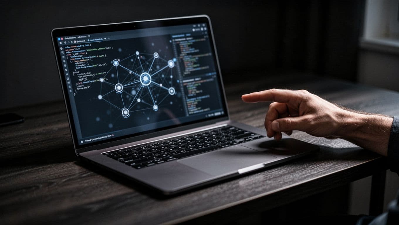 Angled laptop screen on desk shows browser dev tools network tab with redirect chain, blurred server config, and SEO dashboard; hand points loosely nearby.