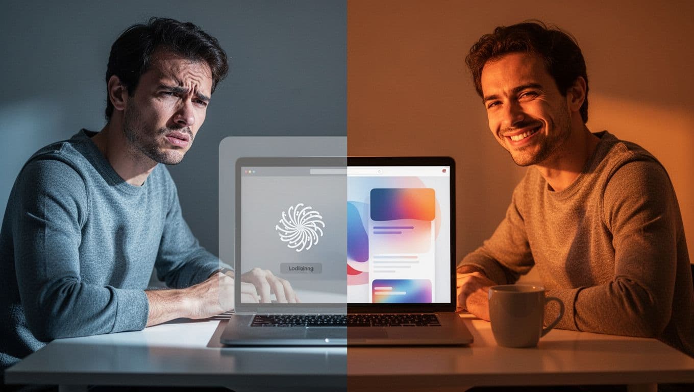 Split desk scene: left shows frustrated person at buffering laptop, right satisfied at fast-loading site, coffee mug nearby.