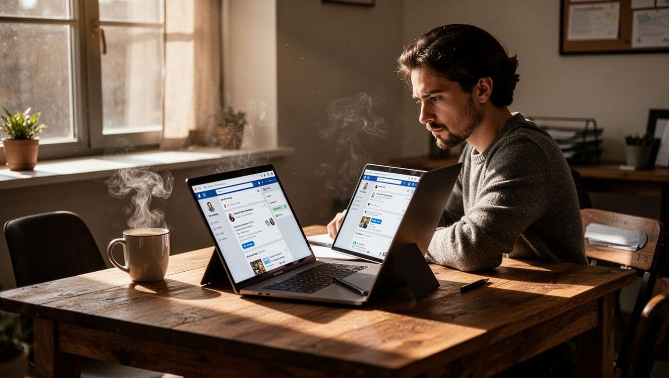 A single small business owner sits at a desk in a cozy office, managing the Google Business Profile dashboard on an angled laptop screen with a coffee mug nearby, lit by natural window light in cinematic style with strong contrast and depth.