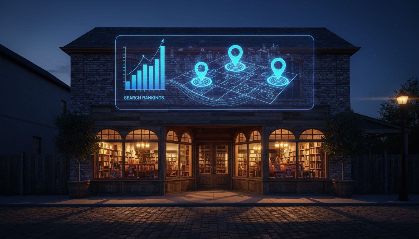 A small business storefront under evening lights with a subtle digital overlay displaying search rankings and local map pins, emphasizing holographic SEO elements on the building facade in cinematic style with dramatic contrast.