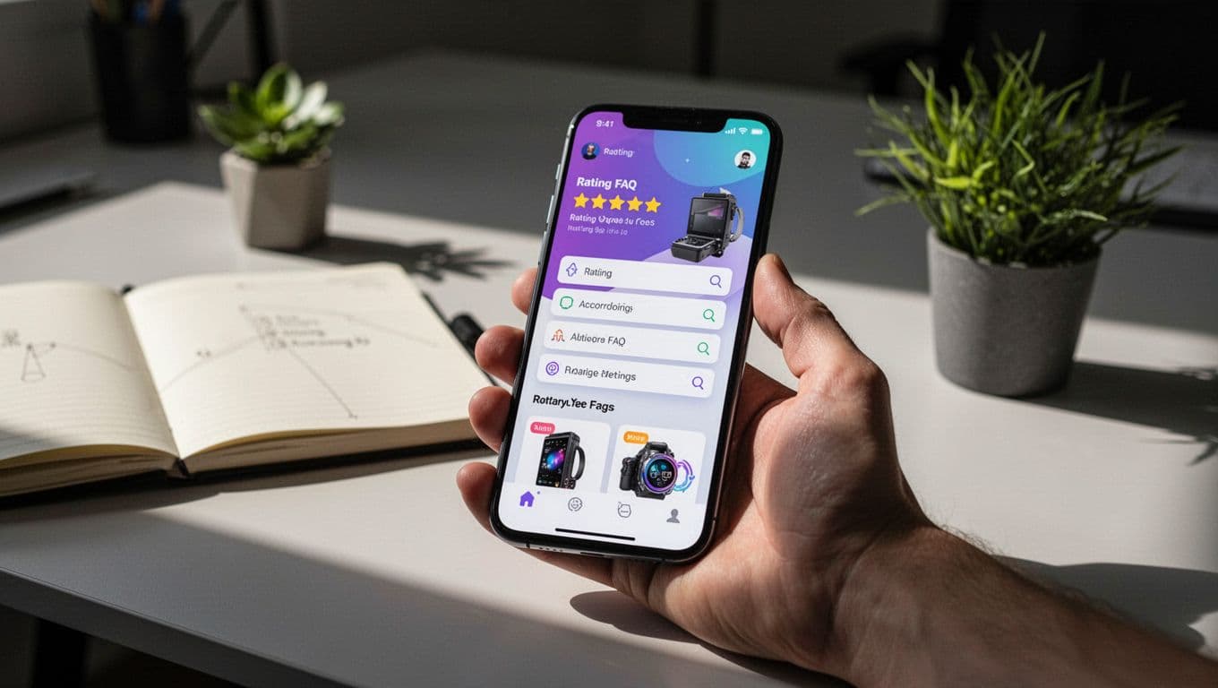 A relaxed hand holds a smartphone showing a search results page with colorful rich elements like star ratings, FAQ accordions, and product carousels powered by structured data, on a modern office desk with notebook and plant.