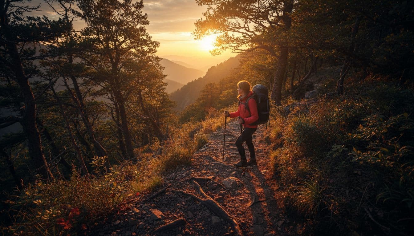 A solo hiker with a backpack descends a steep forested mountain trail during golden hour sunset, rendered in dramatic cinematic style with strong contrast, deep shadows, and rich depth of field.