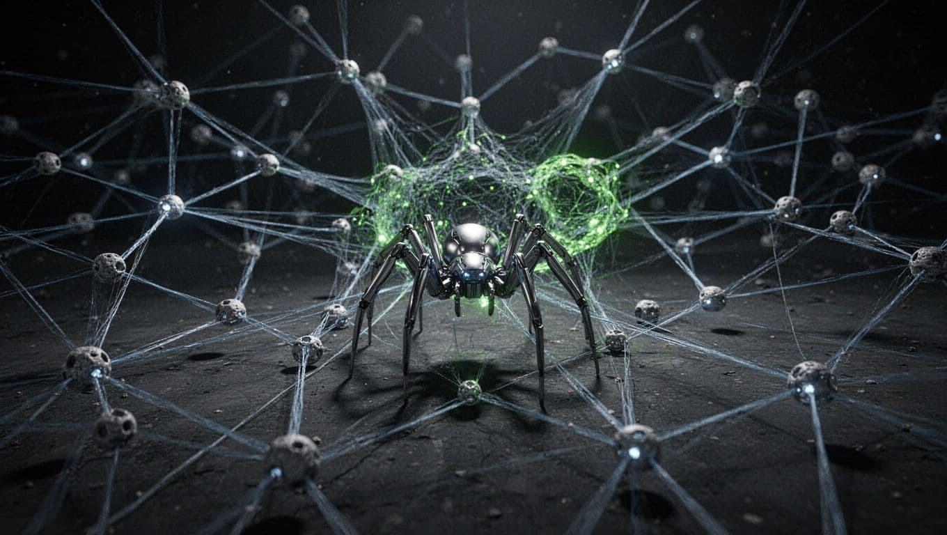 Sleek metallic spider bot navigates glowing nodes and blue links in dark space; some nodes turn green into central archive, others fade gray.