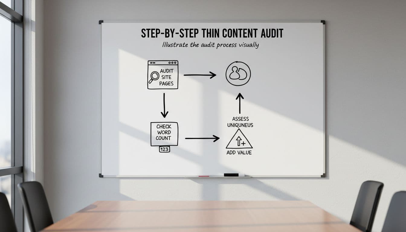 Step-by-step flowchart icons on a clean whiteboard in a bright conference room illustrating the thin content audit process: audit site pages, check word count, assess uniqueness, add value. Simple icons connected by arrows in cinematic style with strong contrast and dramatic lighting.