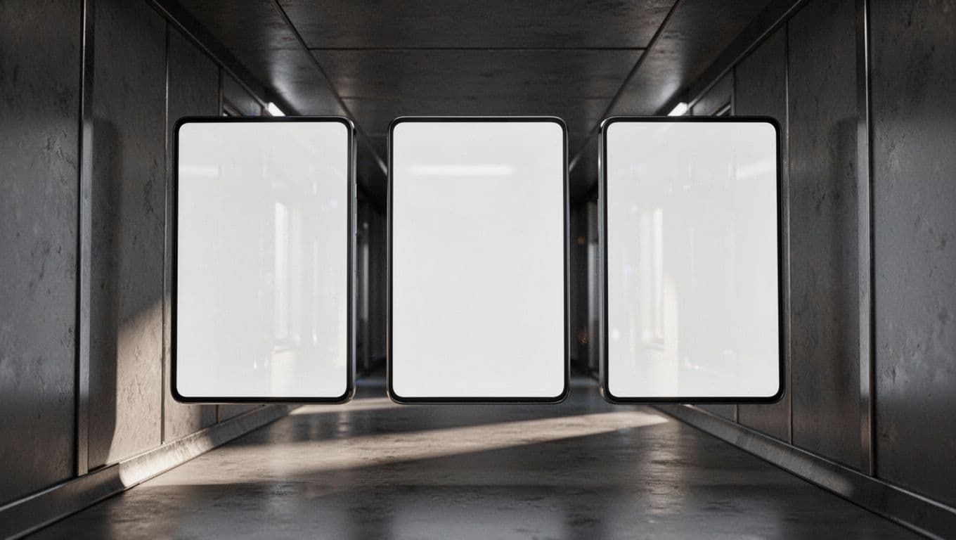 Three identical e-commerce pages in a dark digital corridor, showing how duplicate pages can confuse search engines.