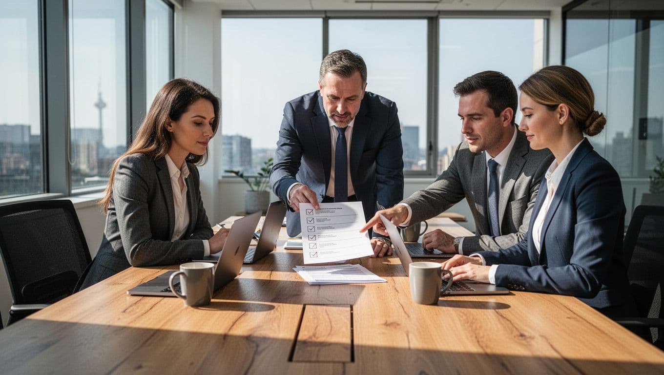 Small business team of three people collaborates around a wooden conference table in a bright modern office, reviewing a printed SEO site migration checklist with focused interaction.