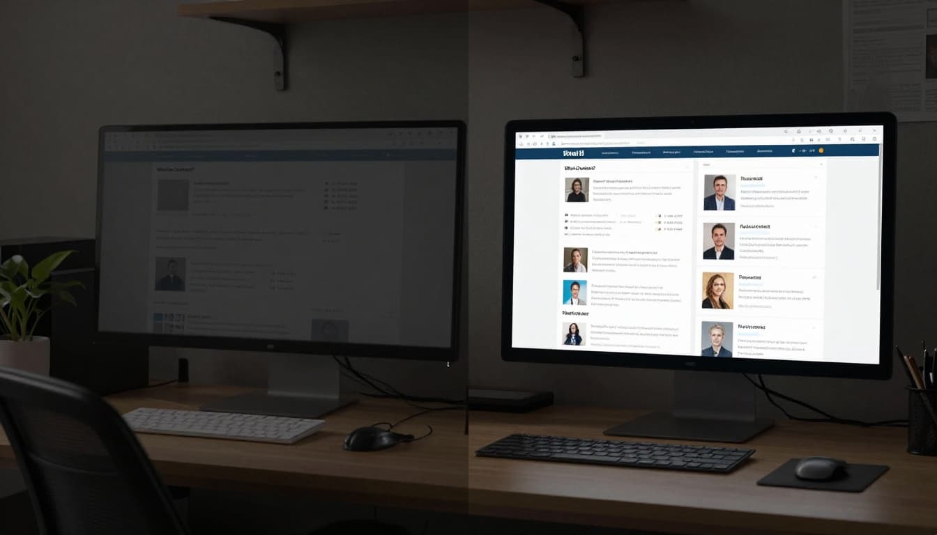 Split-image showing a sparse empty webpage on a dim cluttered desk versus a rich detailed webpage on a bright organized modern desk, with one laptop each side and strong visual contrast.