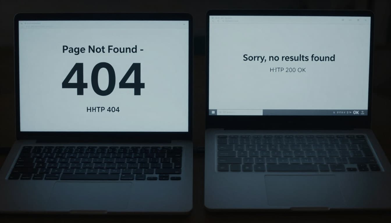 Side-by-side comparison of a true 404 error page (bold 'Page Not Found' with HTTP 404 status) and a soft 404 error page (minimal 'Sorry, no results found' with HTTP 200 status) displayed on two laptop screens against a dark desk background.