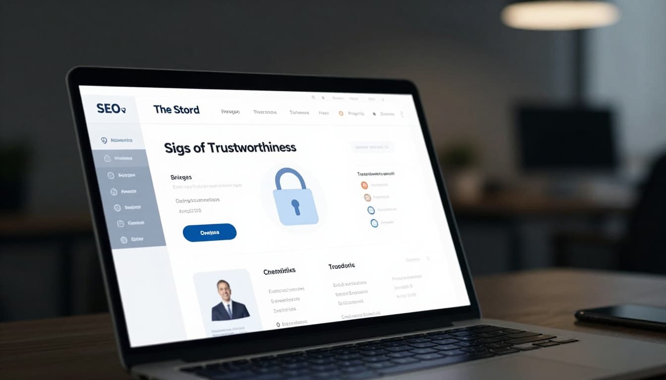 Clean modern website dashboard on an angled laptop screen in a professional office setting, with subtle secure lock icon and author bio in the background. Cinematic style featuring strong contrast, depth, and dramatic lighting, emphasizing trustworthiness for SEO-optimized webpages.