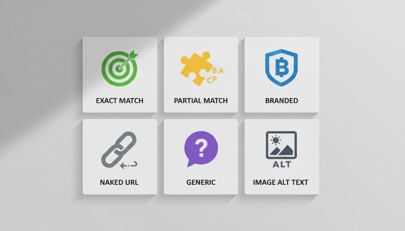 Infographic-style diagram categorizing six types of anchor text icons including exact match, partial match, branded, naked URL, generic, and image alt text in a clean grid layout on a light background with simple icons and short labels.