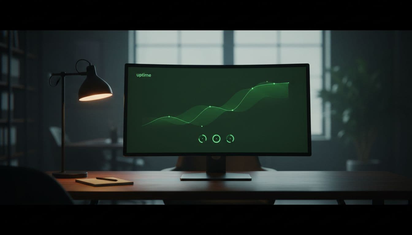 Modern computer screen on desk shows abstract green uptime graph and status indicators under soft lamp light.