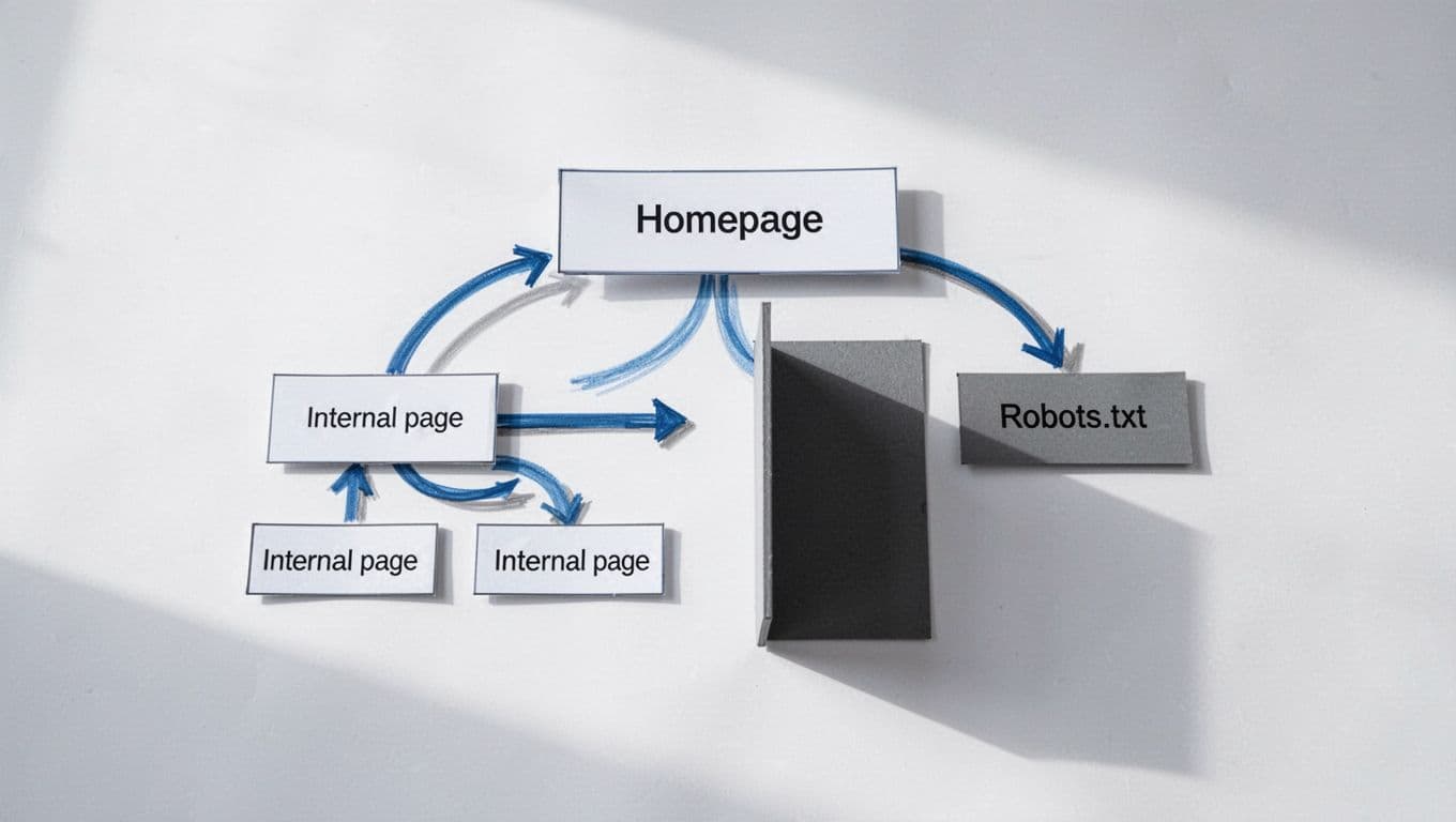 Simple flowchart showing website crawler path from homepage to internal pages via links, blocked by robots.txt wall. Clean modern graphic with blue accents on white background.