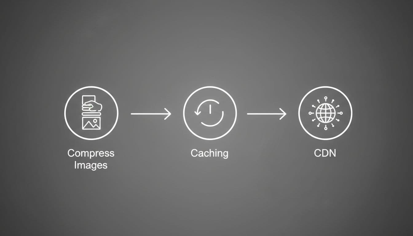Simple flowchart with icons for image compression, caching, and CDN connected by arrows, illustrating beginner-friendly steps to optimize website speed on a neutral background with cinematic contrast and dramatic lighting.