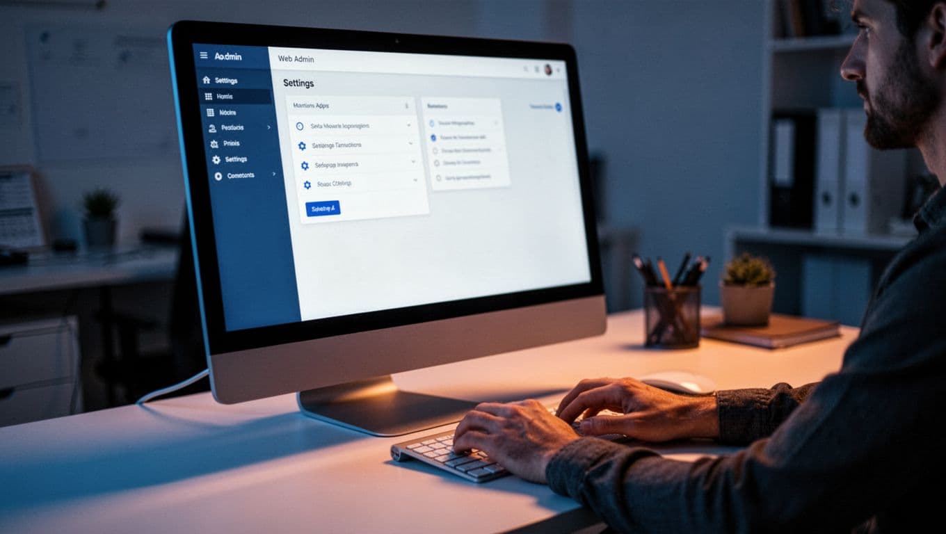 Computer screen shows angled WordPress dashboard with CDN plugin settings, relaxed hands on keyboard in office desk.