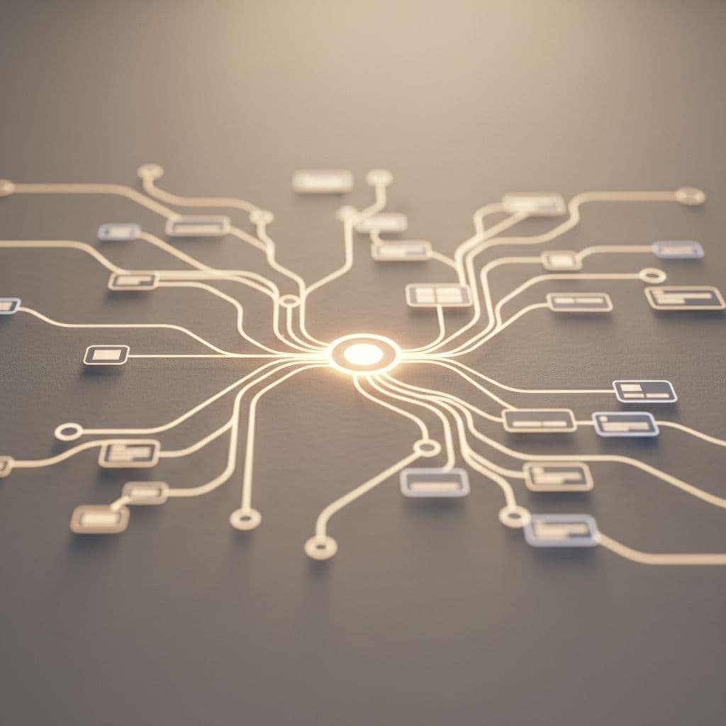 Minimal artistic view of website structure with branching paths and nodes on warm neutral background.