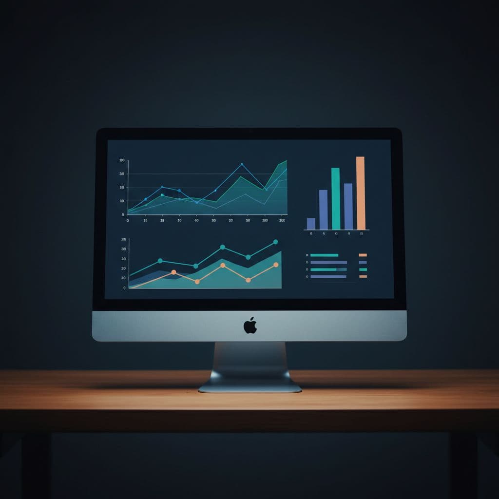 Computer monitor on wooden desk displays simplified analytics dashboard with line graphs and data columns.