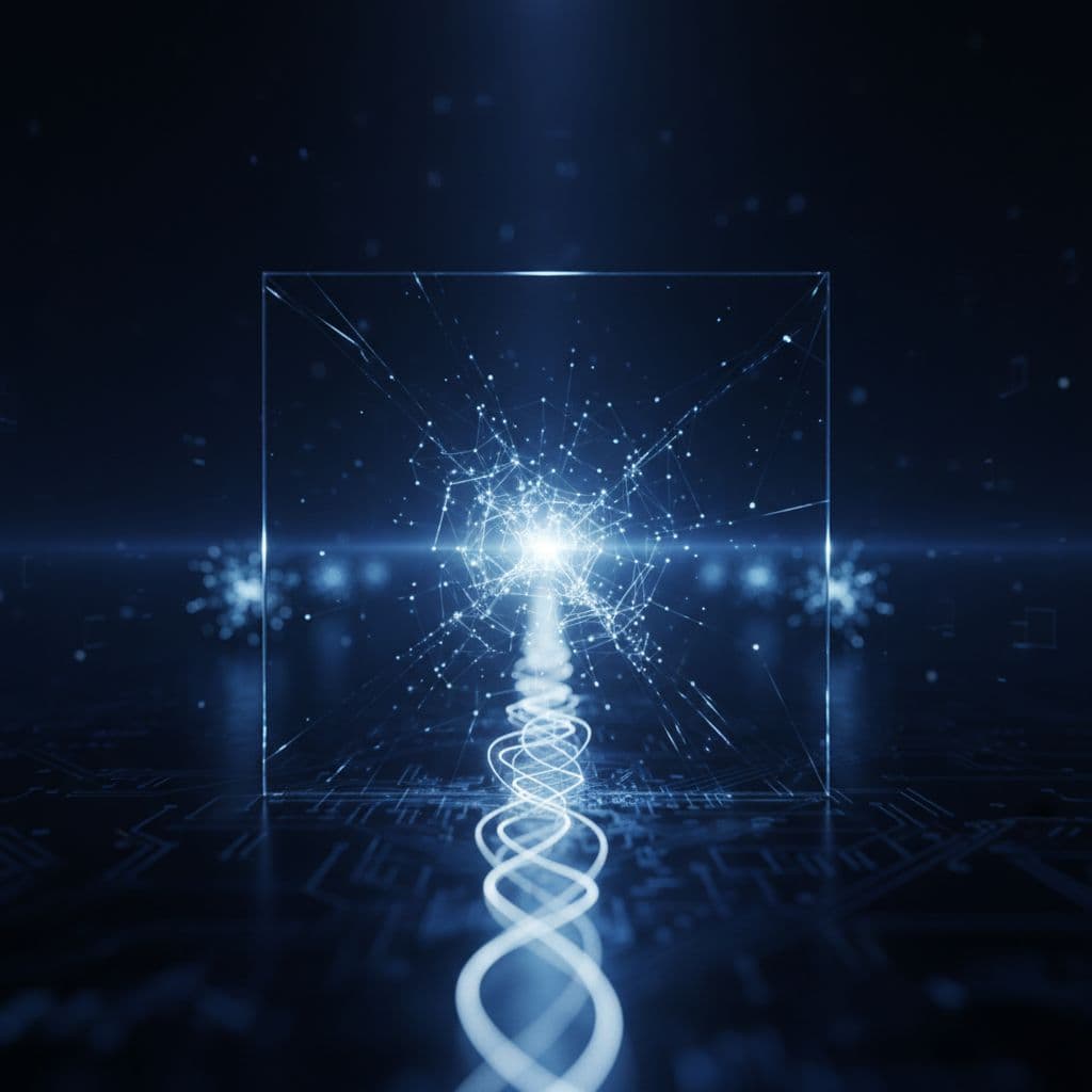 Glowing web connection path blocked by transparent barrier on dark background.