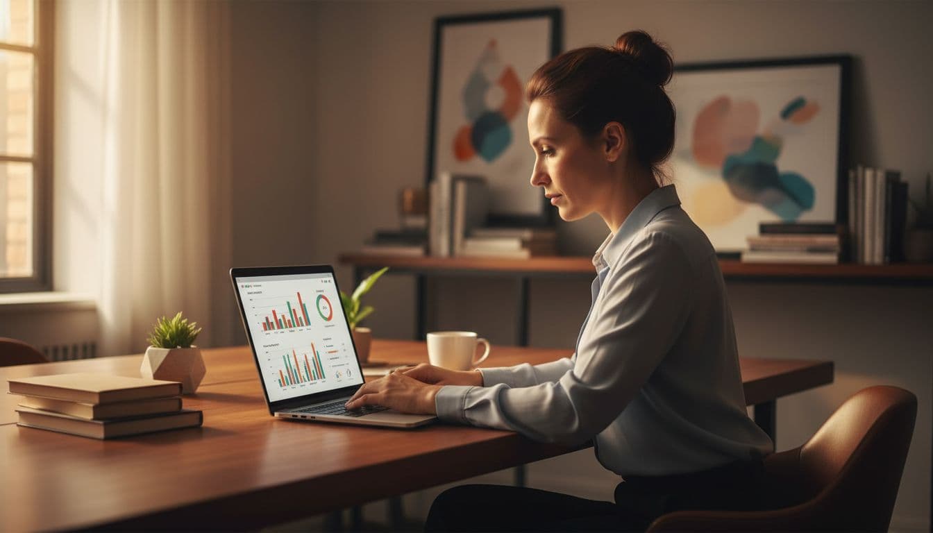 A professional sits at a clean, sunlit desk focusing on a laptop screen displaying web analytics. Warm lighting illuminates the organized office space, highlighting the calm and focused work atmosphere.