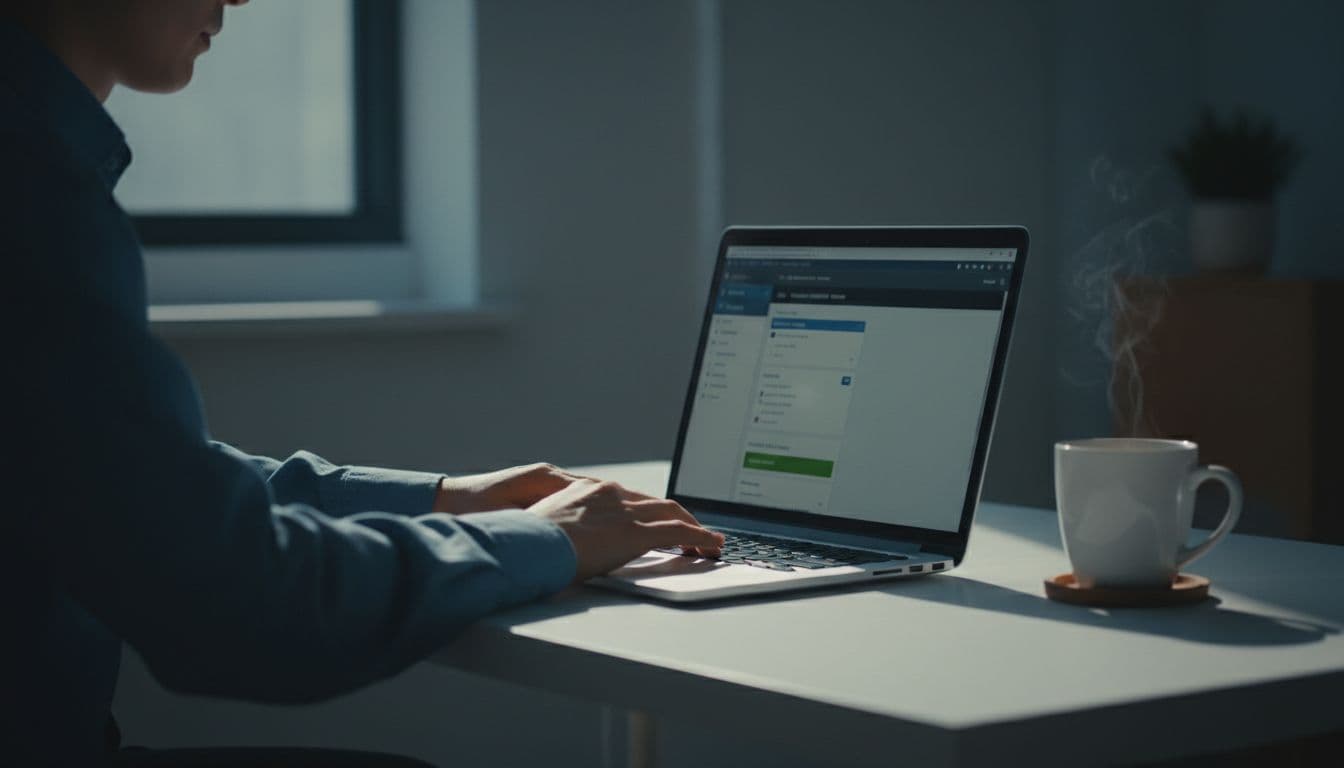 Person at desk with hands on laptop keyboard views angled blurred hosting panel dashboard for SSL renewal, coffee mug nearby.