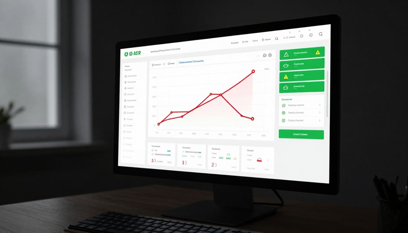 Monitor in dimly lit room displays abstract dashboard with red error icons, warning charts, and green success lines.