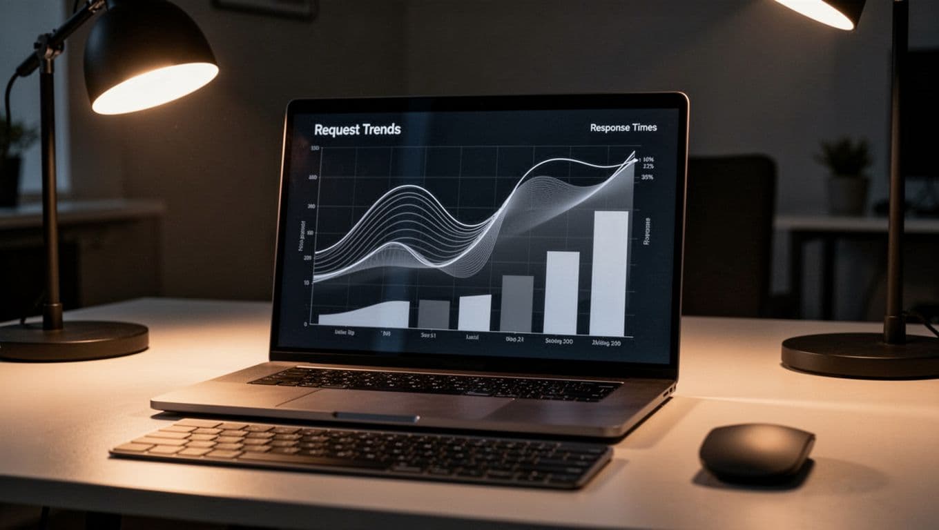 Laptop screen shows abstract charts of crawl requests over time and response bars on desk with keyboard and mouse.