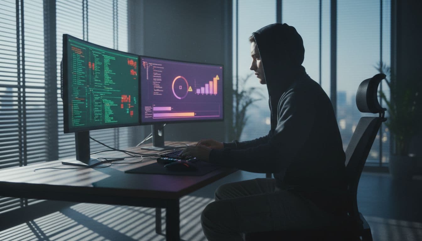 Cybersecurity analyst seated in modern office examines blurred server logs and malware scans on dual monitors.