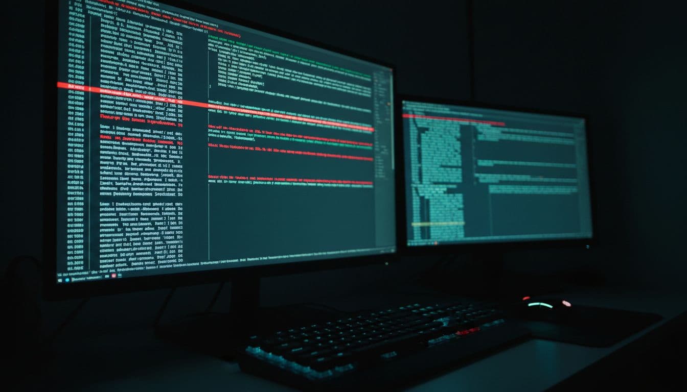 Keyboard and mouse beside screen displaying terminal logs with red error highlights in dark room lit by screen glows.