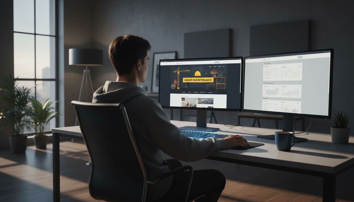 Developer at modern office desk views staging website dashboard on dual monitors, one with construction preview.