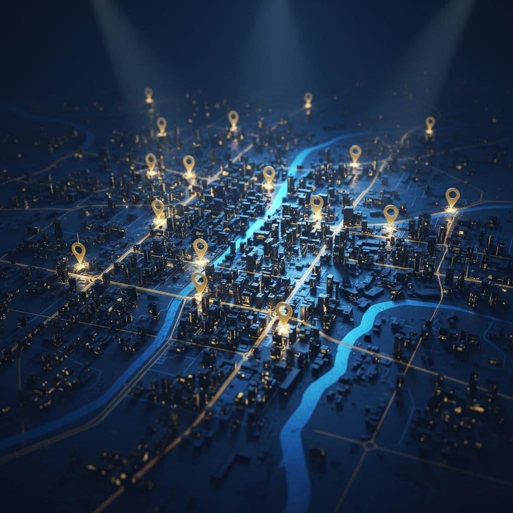 A dark stylized map features glowing gold location pins scattered across a geometric city grid. Brilliant light emanating from each point highlights the surrounding urban layout against the deep blue background.