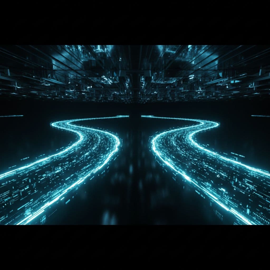 Two glowing lines diverge through a dark virtual space to represent a professional digital transition.