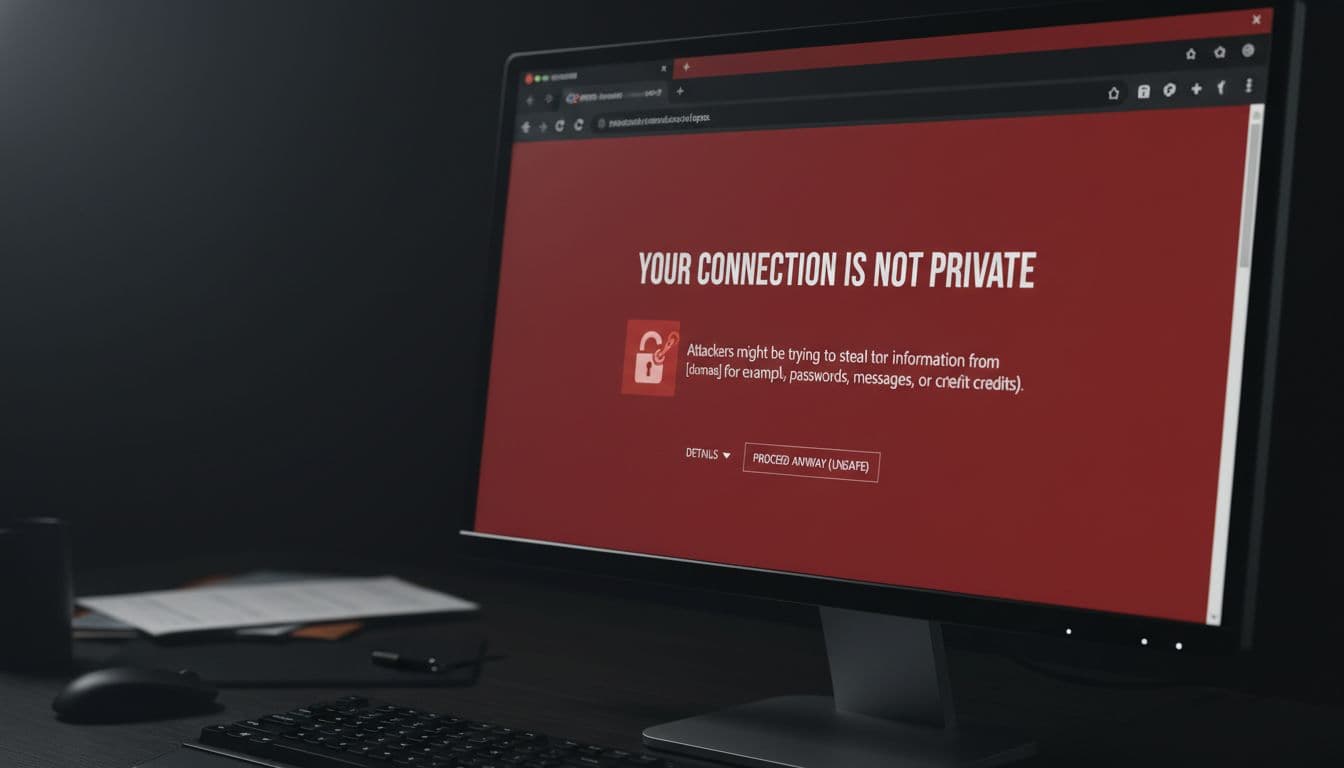 Desktop computer screen displays red 'Your connection is not private' browser warning, office desk with keyboard and mouse in background.