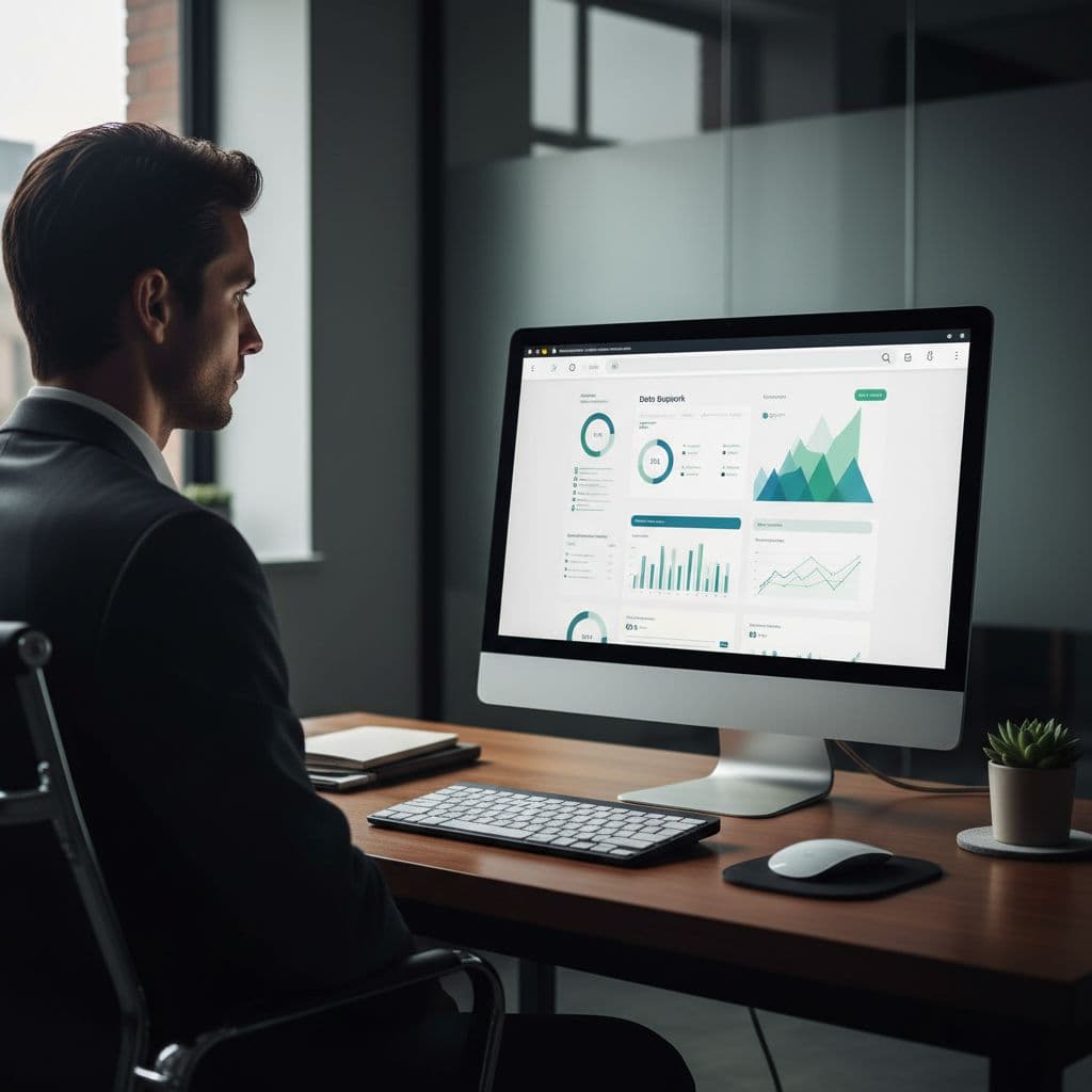 A person views a professional data dashboard on a desktop computer screen in a dim workspace.