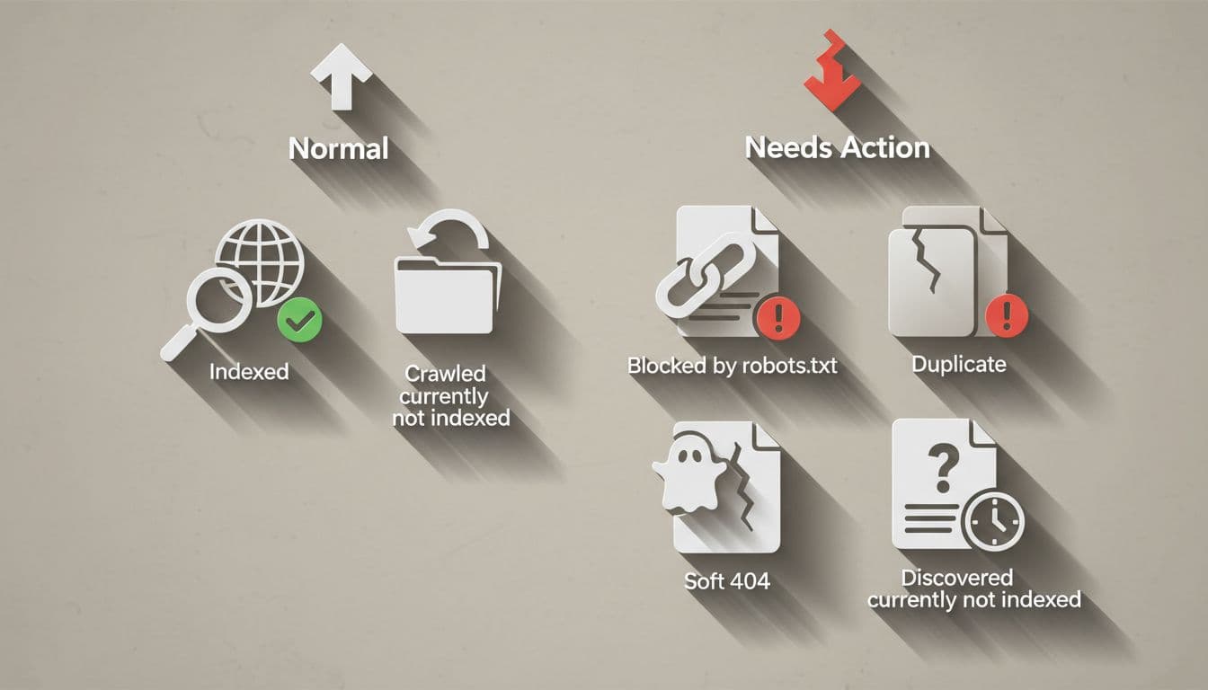 Six simple icons depict Google Search Console page indexing statuses, grouped into normal and needs action on neutral background.