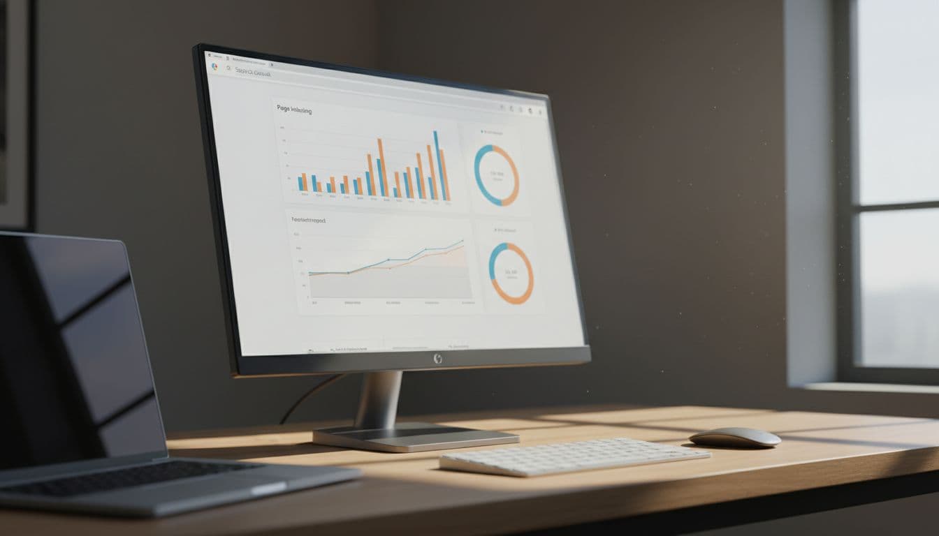 Laptop screen displays blurred Google Search Console page indexing report on office desk with keyboard and mouse.