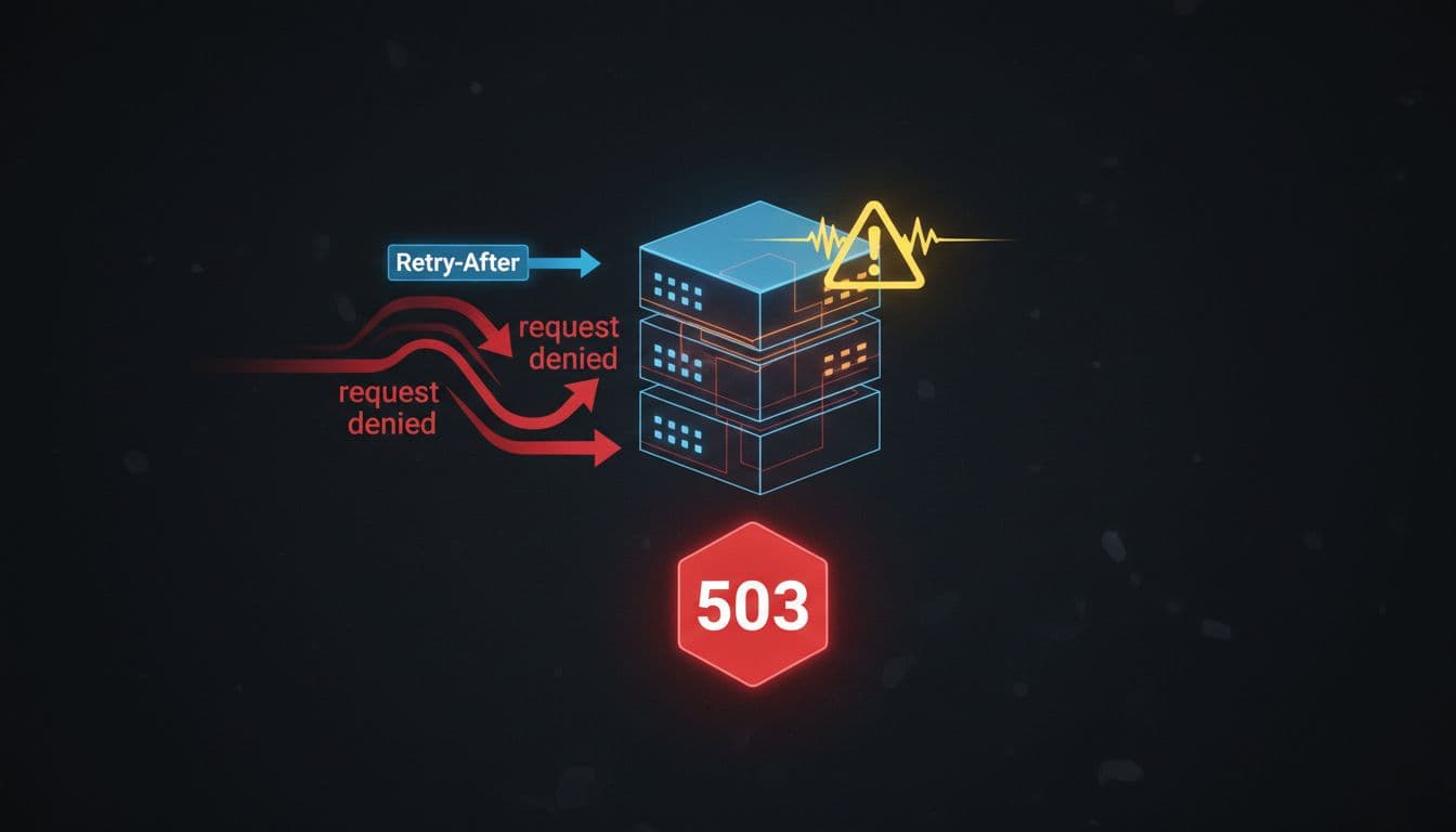 Central server icon with overload warning and 503 badge, arrows show denied request and Retry-After suggestion on dark background.