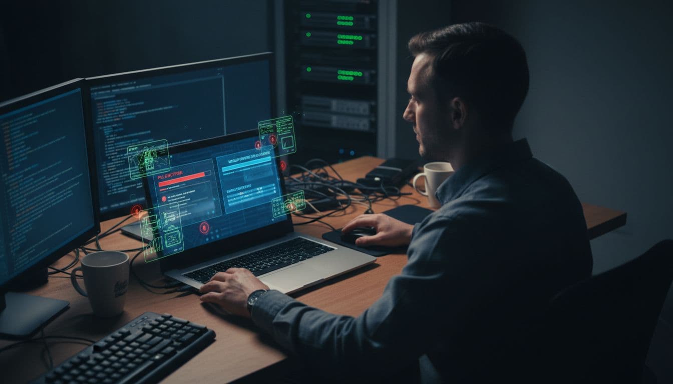 IT specialist at workstation with laptop showing blurred file deletion and backup restore, scanner software open, hands on mouse.