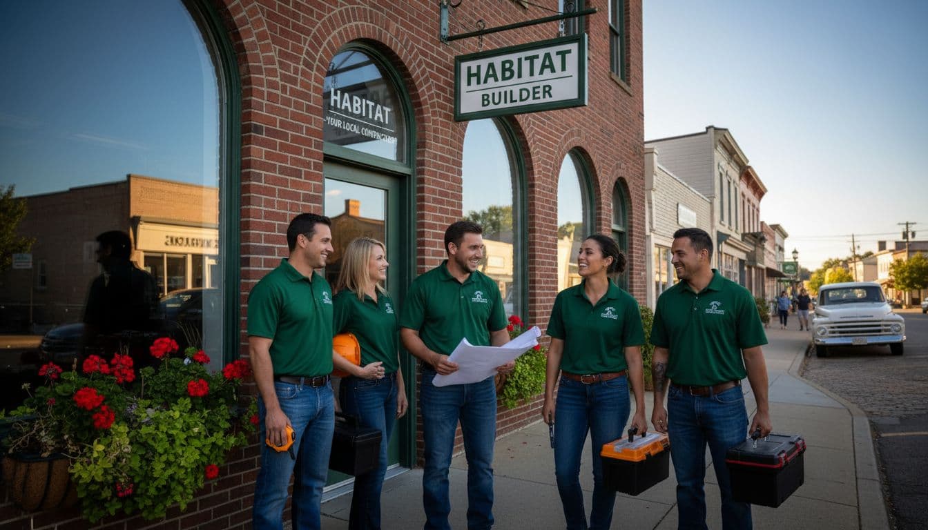 A diverse group of skilled contractors stands confidently in front of their brick storefront. They wear branded uniforms under warm, golden afternoon sunlight that highlights their welcoming expressions and professional gear.