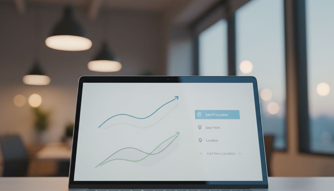 A sleek digital interface displays simplified charts and organized location lists on a laptop monitor. The soft-focus office background emphasizes the sharp data visualization and clean, professional layout of the application.