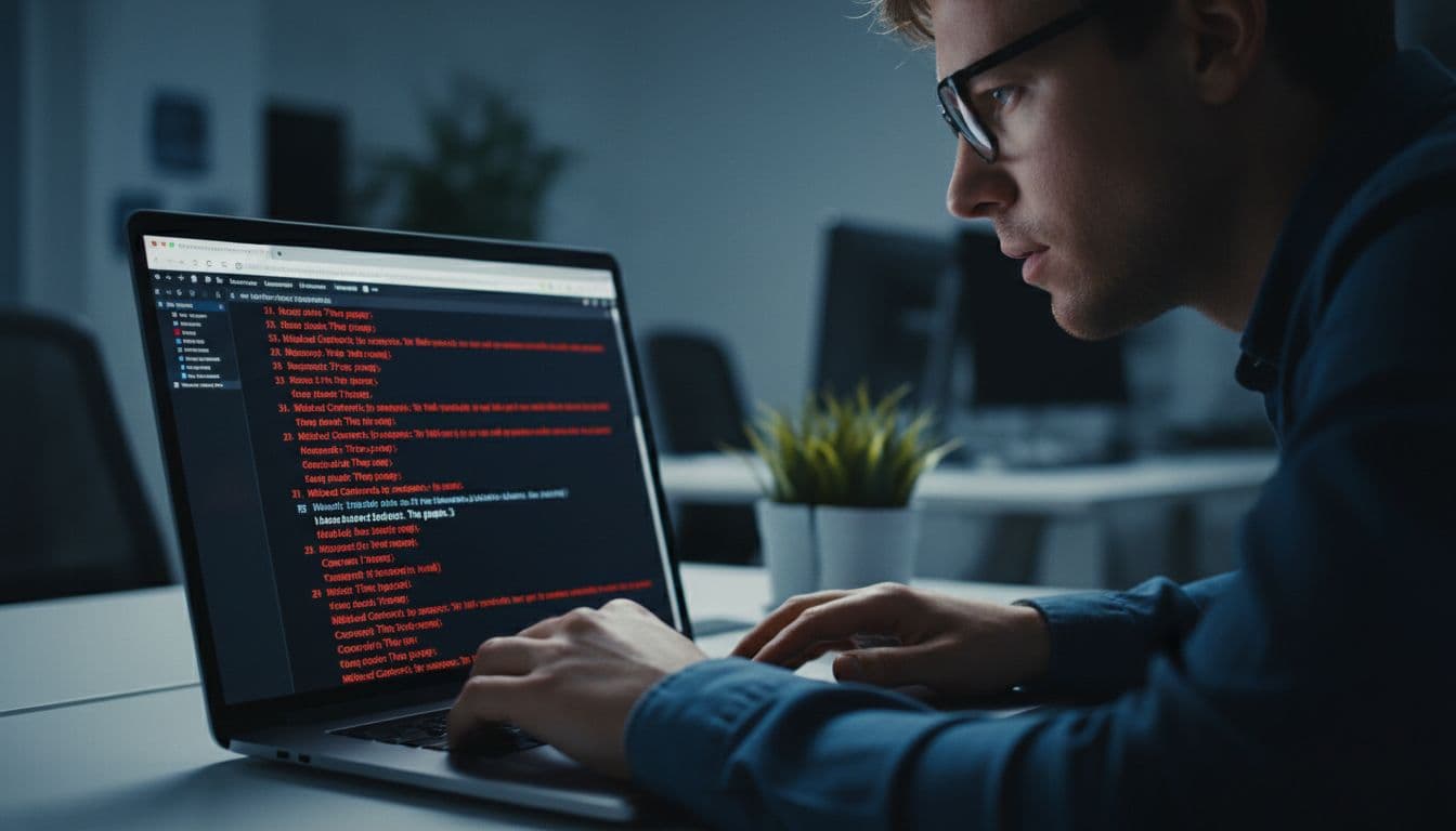 Laptop screen displays red mixed content error warnings in browser console as one developer peers closely in modern office.