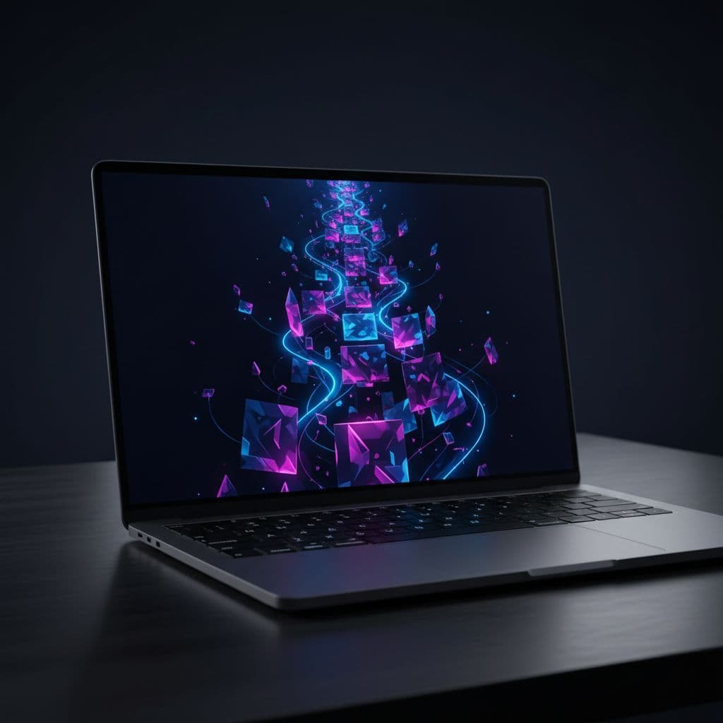 A laptop screen displays an abstract web interface with glowing lines connecting infinite scrolling content blocks.