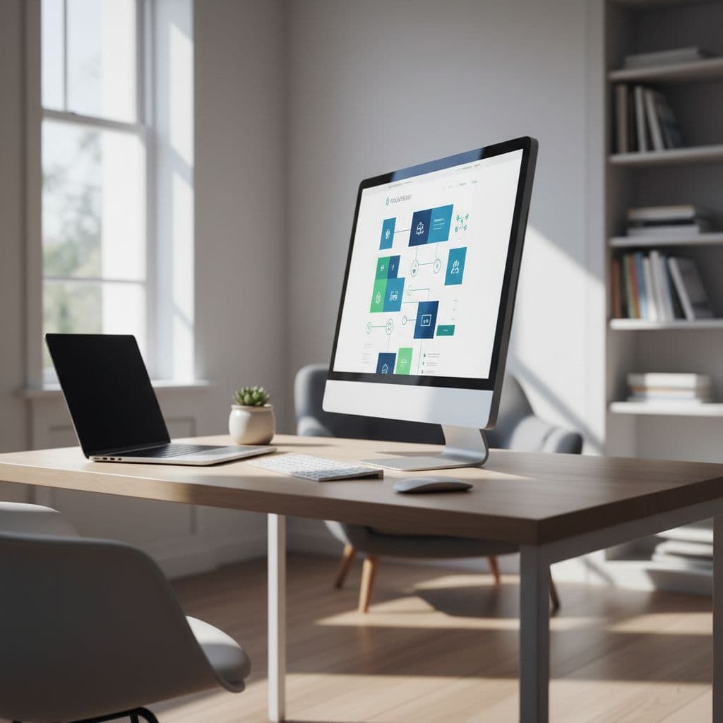 A clean local business website interface displayed on a computer screen in a bright home office.
