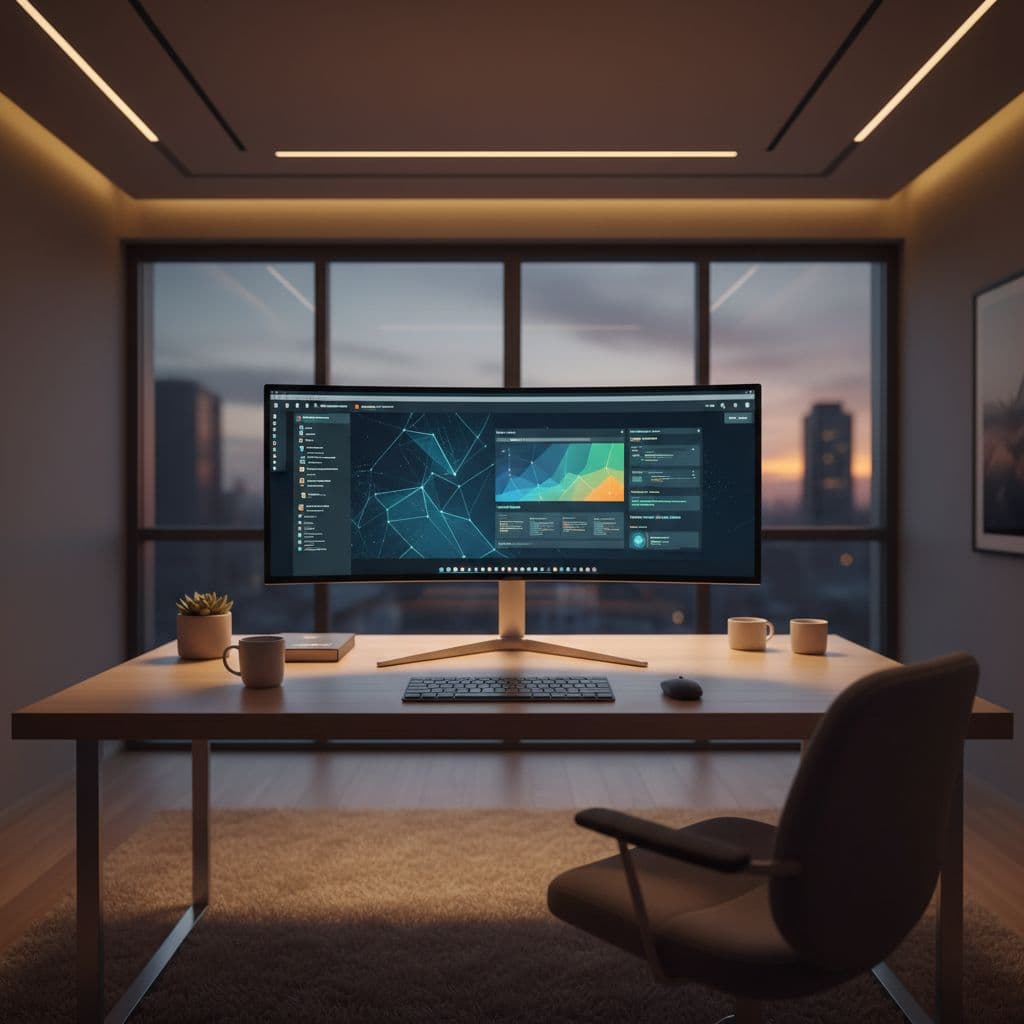 A minimalist home office desk featuring a computer monitor illuminated by warm ambient lighting.