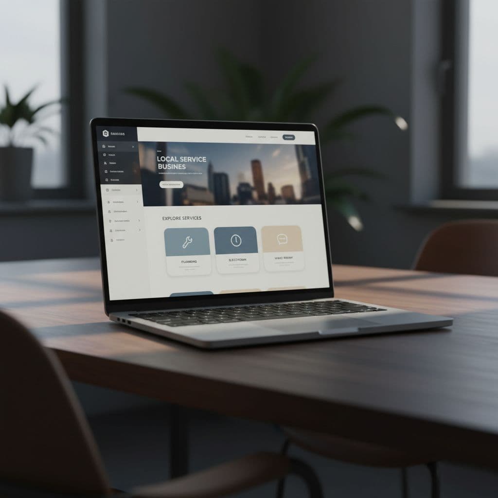 A sleek laptop rests on a dark wooden desk displaying a minimalist professional service webpage. The cinematic lighting highlights the clean layout and sharp contrast between the hardware and background.