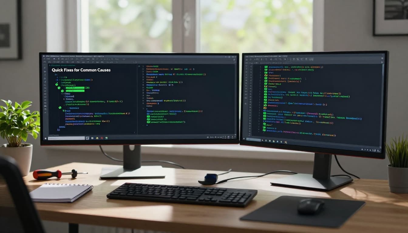 Clean modern desk with dual monitors showing green success checks in code editors, screwdriver, plants, notepad, and window light.