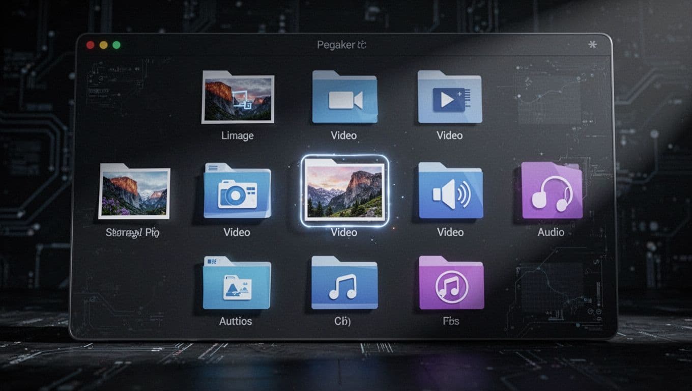 Media file icons on hard drive interface, one image highlighted with subtle noindex tag.