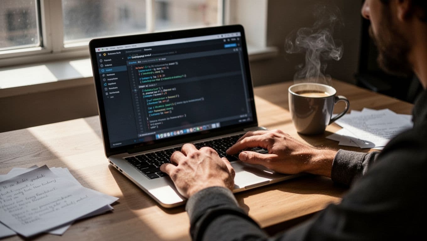 Office desk with laptop open to blurred server config file for 404 and 410 codes, coffee cup, notes, and hands on keyboard.