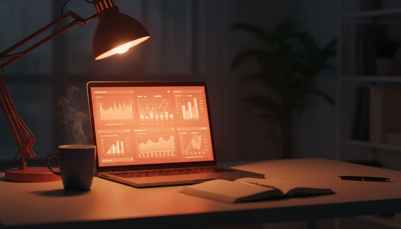 Open laptop on office desk shows blurred analytics dashboard with red error indicators and charts, coffee mug, notebook, and warm desk lamp.