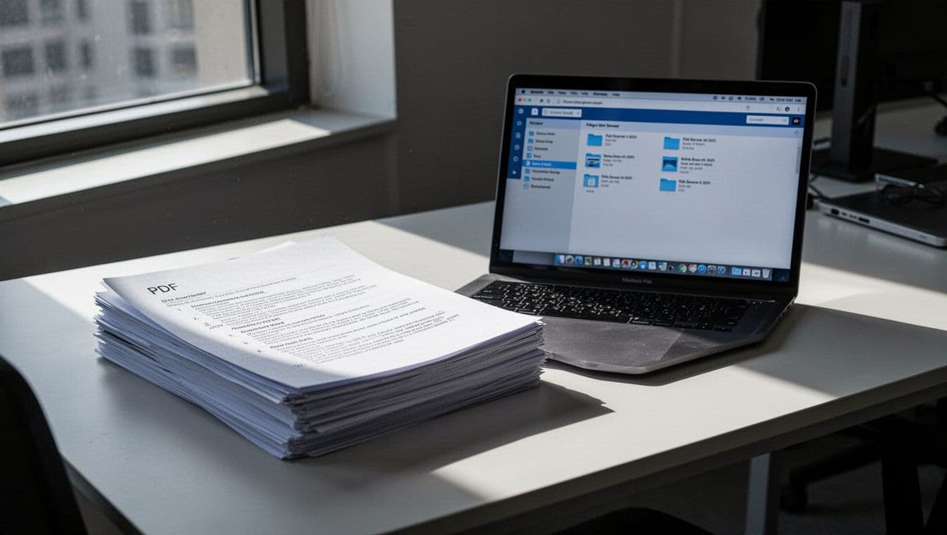 Stack of PDF documents on modern desk next to open laptop showing file server response with subtle X-Robots-Tag noindex overlay in clean office.